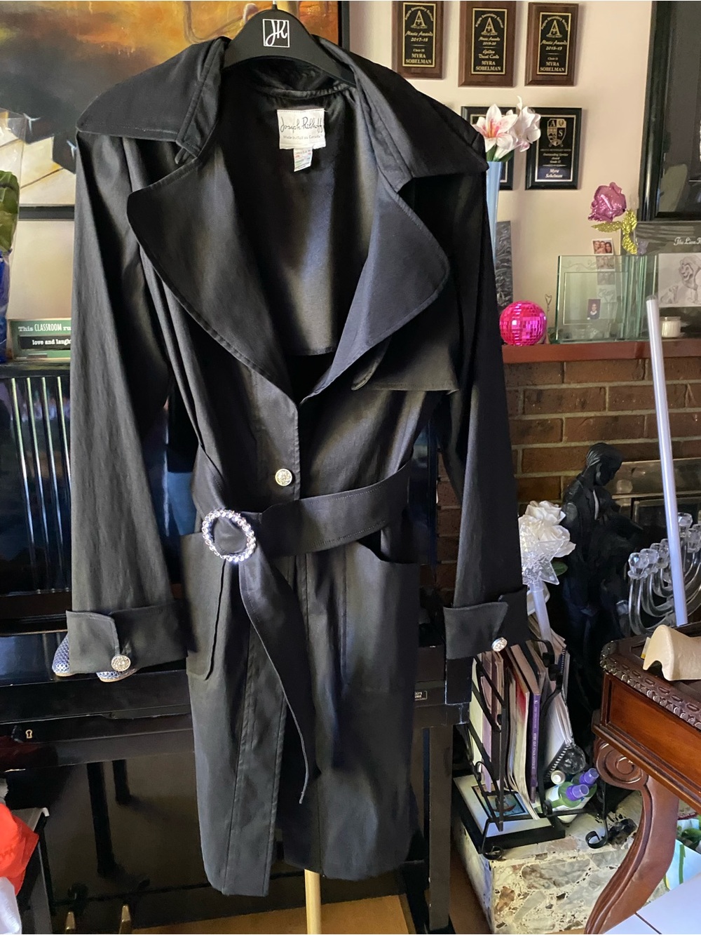 Joseph Ribkoff VTG Imperm Trench Coat with Decorative Buckle & RhinestoneButtons